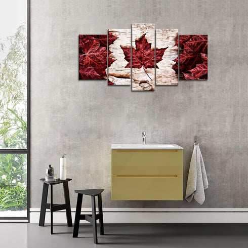 5 Pieces Modern Canvas Painting Wall Art  Flag Of Canada Constructed Of Maple Leaves White Birch Bark Country Symbol
